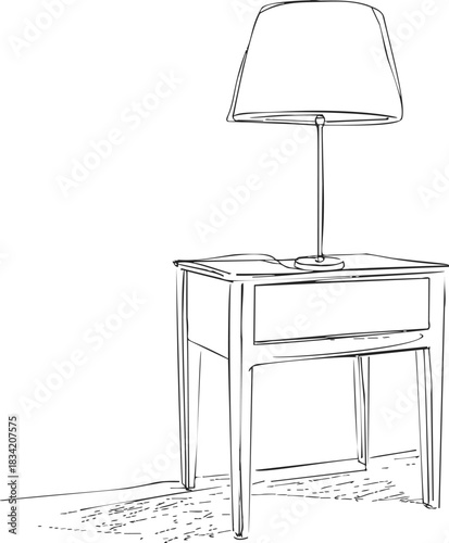 Table lamp on nightstand sketch, hand drawn minimalist bedroom furniture scene. Vector illustration