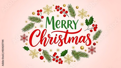 A festive merry christmas greeting with holiday decorations around it