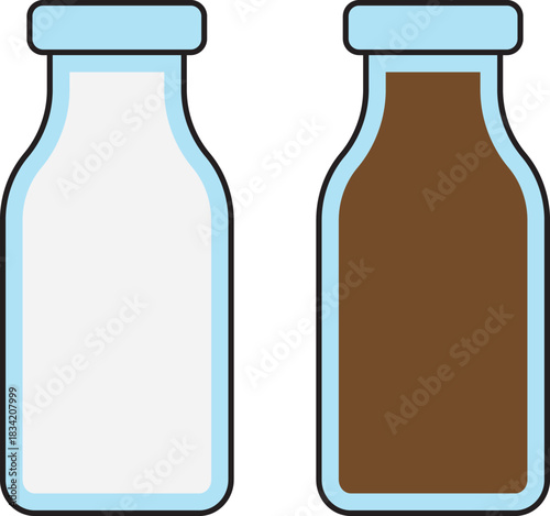 Vector illustration of two bottles filled with milk and chocolate milk, both with light blue caps. Ideal for dairy product branding, beverage icons, food packaging visuals, and educational design comp
