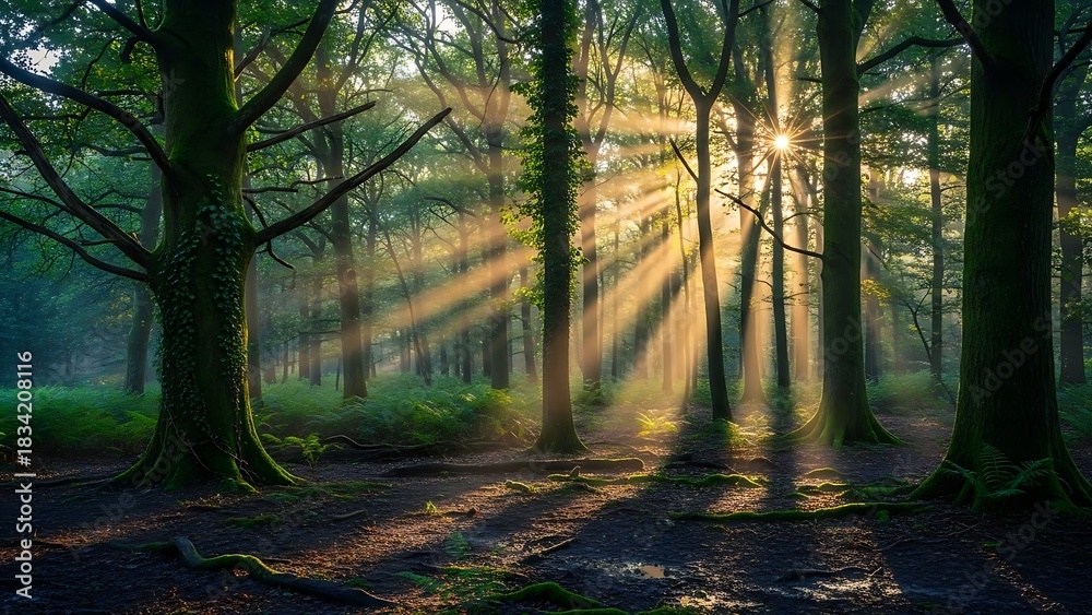 Obraz premium Sunlight filtering through the trees in a lush green forest creating a magical atmosphere and casting long shadows on the ground