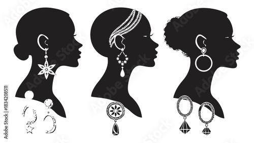 Elegant silhouettes showcasing jewelry designs, earrings and necklaces for fashion branding, beauty products, and stylish accessories promotion, luxury style