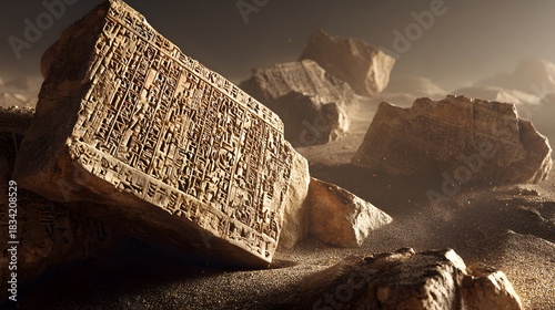 Archaic Enchanted Scene of Inscribed Animal Bones: Detailed View of a Desolate Sandy Expanse Reflecting a Vanished Sumerian Culture