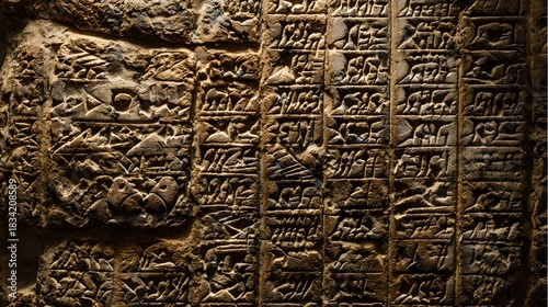 Detailed Illustration of Mesopotamian Ancient Writing with Akkadian Cuneiform and Sumerian Symbols Carved on Clay Tablets