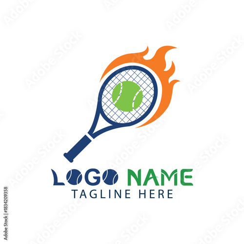 Flaming tennis racket logo design isolated on white background
