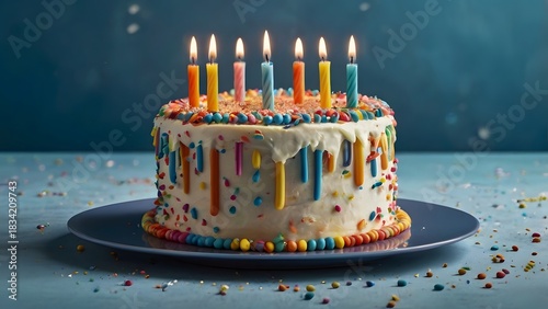 Colorful Birthday Cake with Lit Candles and Celebration Sprinkles