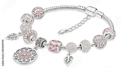 Elegant charm bracelet with floral and leaf pendants, a perfect gift for her, adding a touch of sparkle and sophistication to any outfit, jewelry design