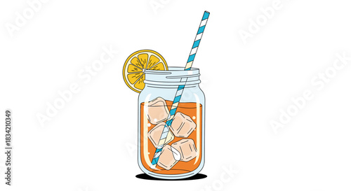 A refreshing iced drink in a mason jar with a striped straw, ice cubes, and a lemon slice, perfect for a summer day.