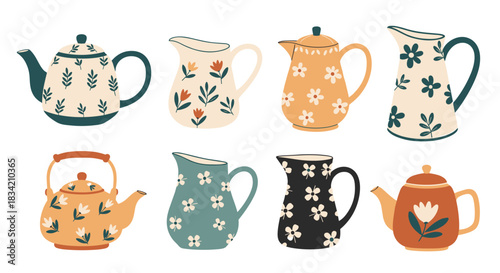 Eight decorative teapots and pitchers in a warm color palette, featuring whimsical botanical designs for kitchenware and home decor.