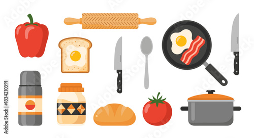 A collection of kitchen tools, cooking equipment, and various food ingredients like bell pepper, bread, and tomato on a white background.