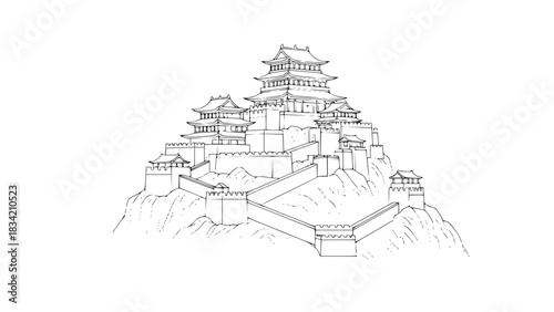 Ancient Chinese mountain fortress vector, tiered towers, defensive walls, misty mountain base, elegant minimalist line art, isolated on white, black and white vector illustration