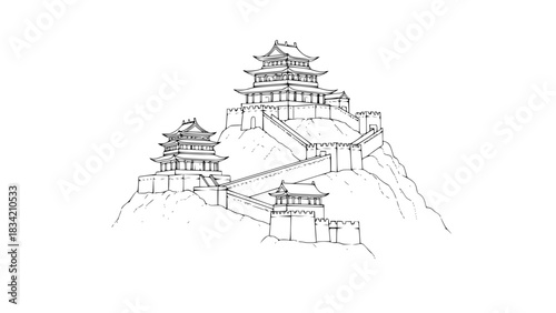 Ancient Chinese mountain fortress vector, tiered towers, defensive walls, misty mountain base, elegant minimalist line art, isolated on white, black and white vector illustration