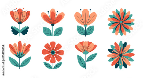 A vibrant collection of eight stylized flat-design flowers with a modern aesthetic, featuring diverse shapes and a consistent color palette.