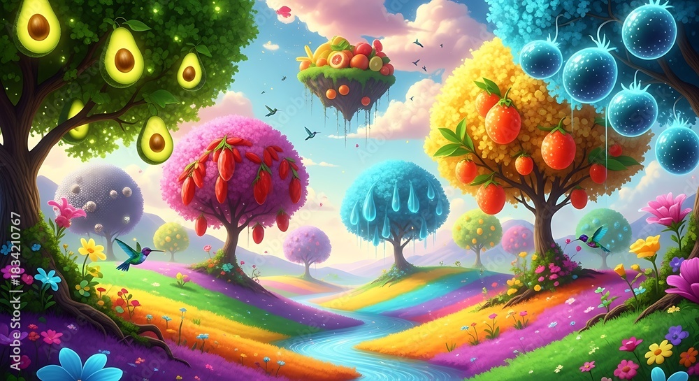 Enchanting fantasy landscape with vibrant rainbow path and magical fruit trees under a colorful sky