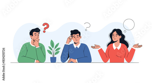 Three diverse individuals ponder and question, illustrating problem-solving, decision-making, and the search for new ideas and solutions.