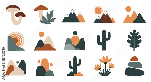 A collection of minimalist boho nature illustrations featuring abstract landscapes, plants, and natural elements in an earthy color palette.