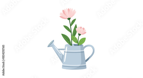 A charming illustration featuring two delicate pink flowers with green leaves blossoming beautifully within a light blue watering can, symbolizing growth and nature.