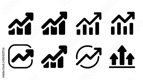 Collection of black upward trending bar and line graph icons on white background