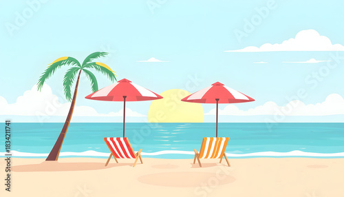 Summer vacation beach minimal background, clipart style. White tone