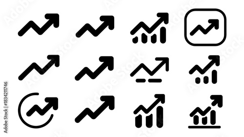 Collection of black upward trending line graph icons on white background