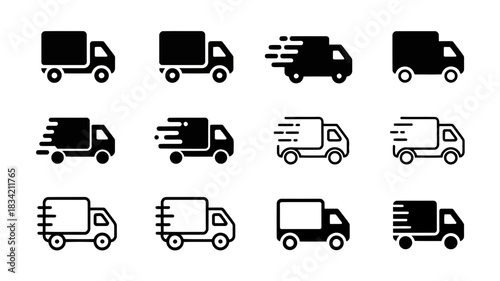 Collection of stylized delivery truck icons representing speed and logistics