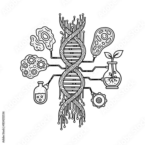 Abstract medical research and DNA analysis with organic tech patterns  
