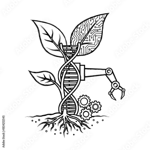 Plant with robotic arm and DNA strand in abstract medical research  