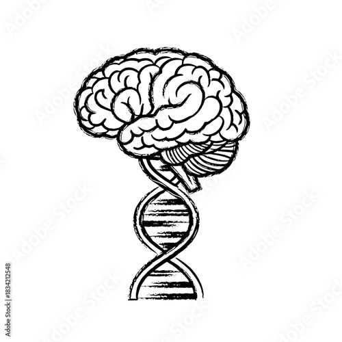 Brain illustration connected to DNA spiral in abstract design  