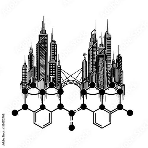 Futuristic city skyline integrated with molecular structure design