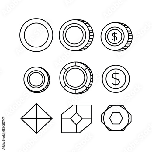 Outline Icons Set: Financial Currency, Casino Poker Chips & Geometric Shapes