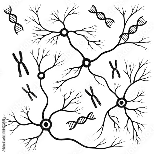 Abstract visualization of neural pathways and genetic links in research  