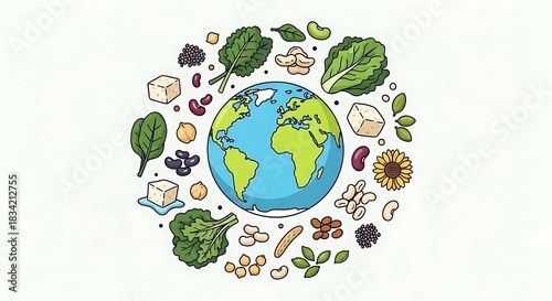 Vibrant earth surrounded by a diverse collection of fresh organic vegetables and fruits for healthy living