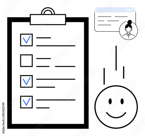 Customer satisfaction concept. A checklist, user interface, and happy face customer satisfaction. Customer satisfaction improves service, user experience, and feedback. Perfect for business, UX