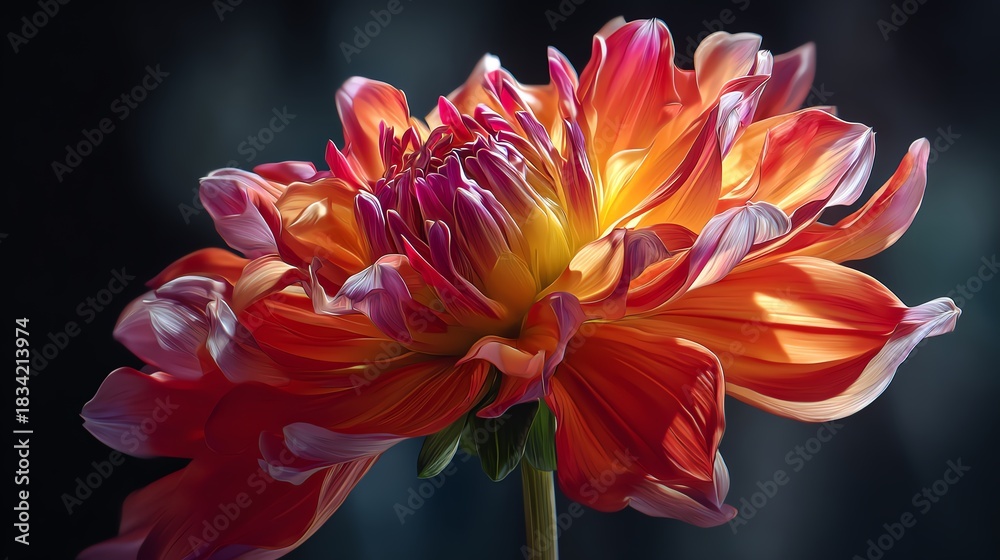 Obraz premium A stunning view of a vibrant flower under innovative lighting, highlighting intricate petals and dramatic shadows in photorealistic detail.