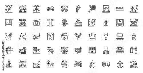 Set of Outdoor activities vector. Forest, Archery, Hang Out, Motorbike, Tennis, Cafe, Water Park, Speedboat, Kick Scooter, Gardening, Bicycle, Movie, Cable Car, Ski, Hot Air Balloon, Barbecue icon.