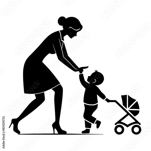 Working Mom Helping Child Take First Steps with Stroller Silhouette Vector