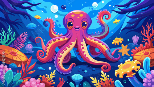 A vibrant octopus surrounded by richly colored coral reefs, floating in a serene blue underwater setting. Energetic marine imagery ideal for nature visuals, ocean artwork, and wildlife concepts