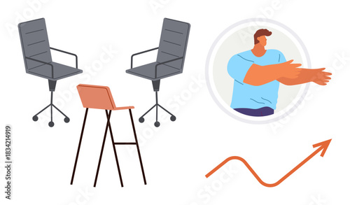 Office setup with two swivel chairs, standing desk, person making gestures, and an upward growth curve. Ideal for business, teamwork, collaboration, productivity, meetings progress and modern