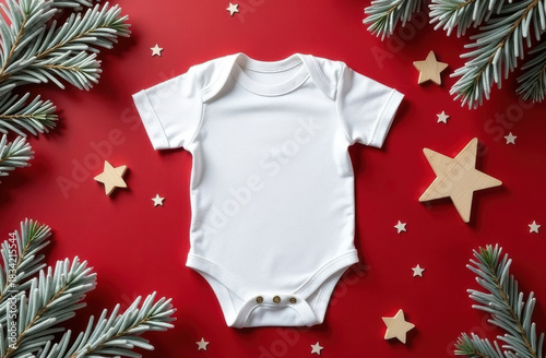 Christmas white baby girl or boy bodysuit mockup flat lay with wooden stars and xmas tree branches on red background. Design onesie template, print presentation mock up. Top view.