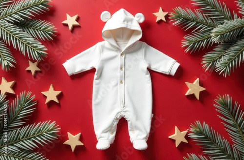 Christmas white baby girl or boy bodysuit mockup flat lay with wooden stars and xmas tree branches on red background. Design onesie template, print presentation mock up. Top view.