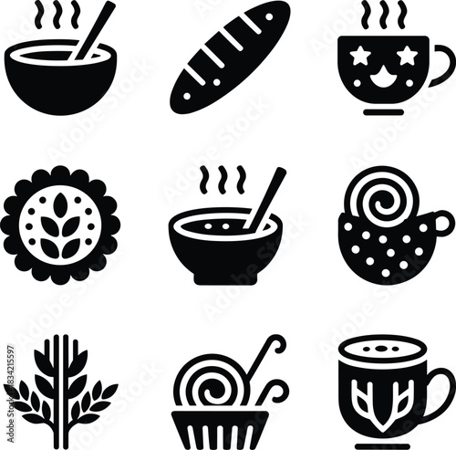 Collection of stylized food and drink icons including soup bread and coffee cups
