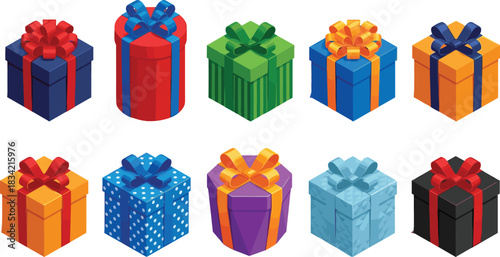 Colorful gift box collection, festive packaging icons, ribbon wrapped presents, celebration design elements, holiday surprise graphics, vibrant wrapping styles, decorative gift illustration