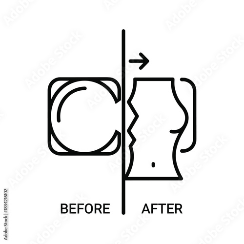 Breast augmentation before and after line icon representing plastic surgery.