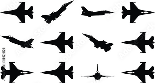 Fighter jet silhouettes, black vector views, F-16 aircraft angles, military aviation sketch, top side front rear, combat plane illustration, tactical aircraft graphic
