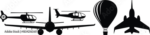 Silhouette Aircraft Icon Set Featuring Helicopters, Commercial Plane, Fighter Jet, and Hot Air Balloon in Minimalist Vector Style