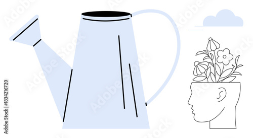Large watering can pours water onto a human head filled with blooming flowers, symbolizing knowledge, creativity, and personal development. Ideal for education, mental health, mindfulness, growth