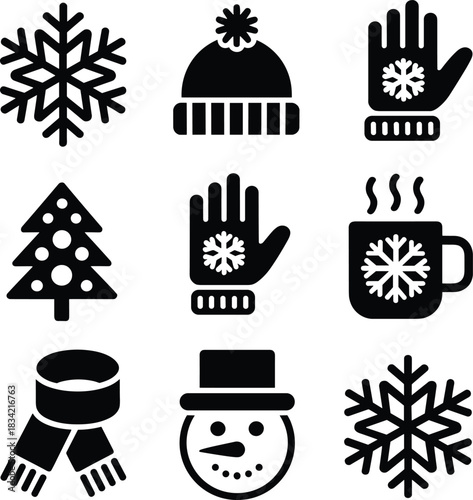 Collection of winter holiday icons featuring snowflakes hat scarf tree and snowman