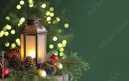 Christmas Lantern with Pinecones and Green Bokeh Lights