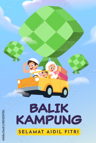 Balik Kampung Mudik 2026 Illustration with Family Driving Car and Carrying Ketupat Decoration. Translation : Home Coming for Eid al Fitr Celebration. 