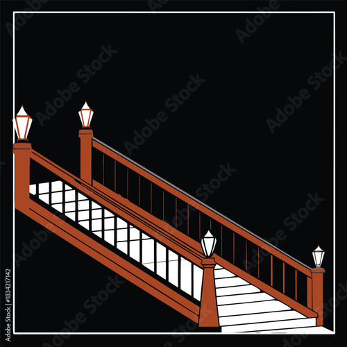 A stylized graphic depiction of a classic wooden staircase featuring detailed railings and small, glowing lantern posts, set dramatically against a solid black void.