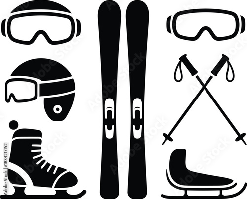 Collection of winter sports equipment including skis boots helmets goggles and ice skates